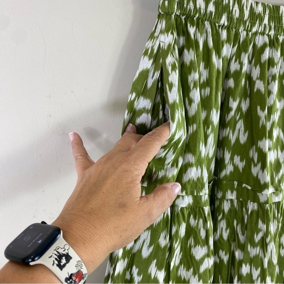 Antthony HSN Green White Ikat Print‎ 100% Cotton Tiered Skirt w/Pockets Sz L - Picture 7 of 13